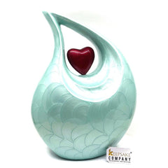 Keepsake Company's Light Green Pearl teardrop Enamel Adult Cremation Urn with Red heart For Human Ashes