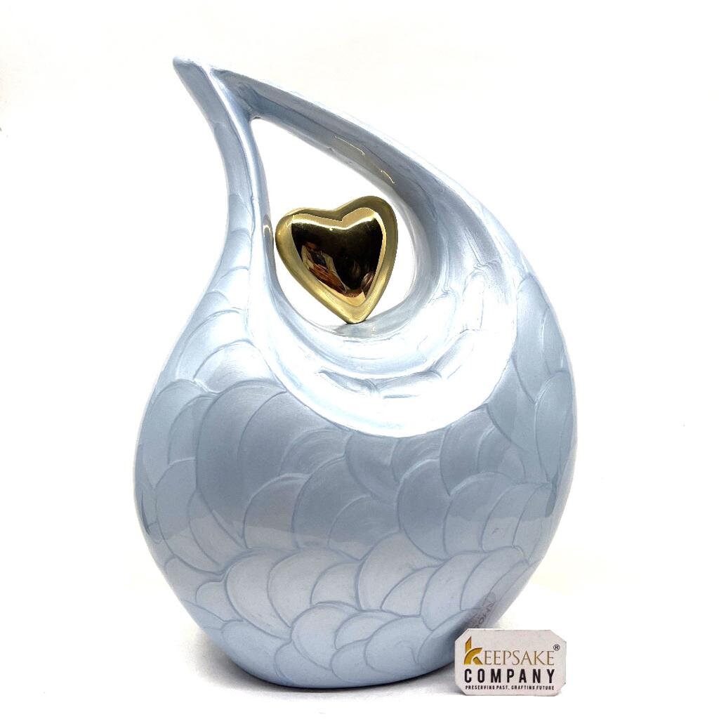 Keepsake Company's  Pearl LIght Blue Enamel  Adult teardrop Cremation Urn with 24 carat Gold plated brass heart For Human Ashes