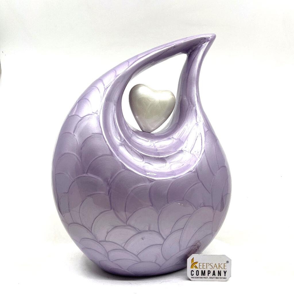 Purple Pearl teardrop Enamel Adult Cremation Urn with White Heart For Human Ashes by Keepsake Company