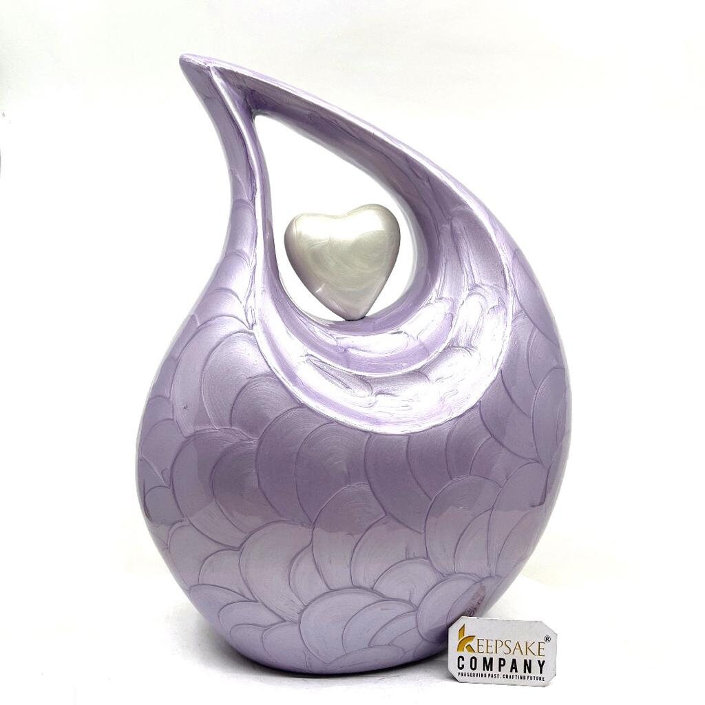 Purple Pearl teardrop Enamel Adult Cremation Urn with White Heart For Human Ashes by Keepsake Company