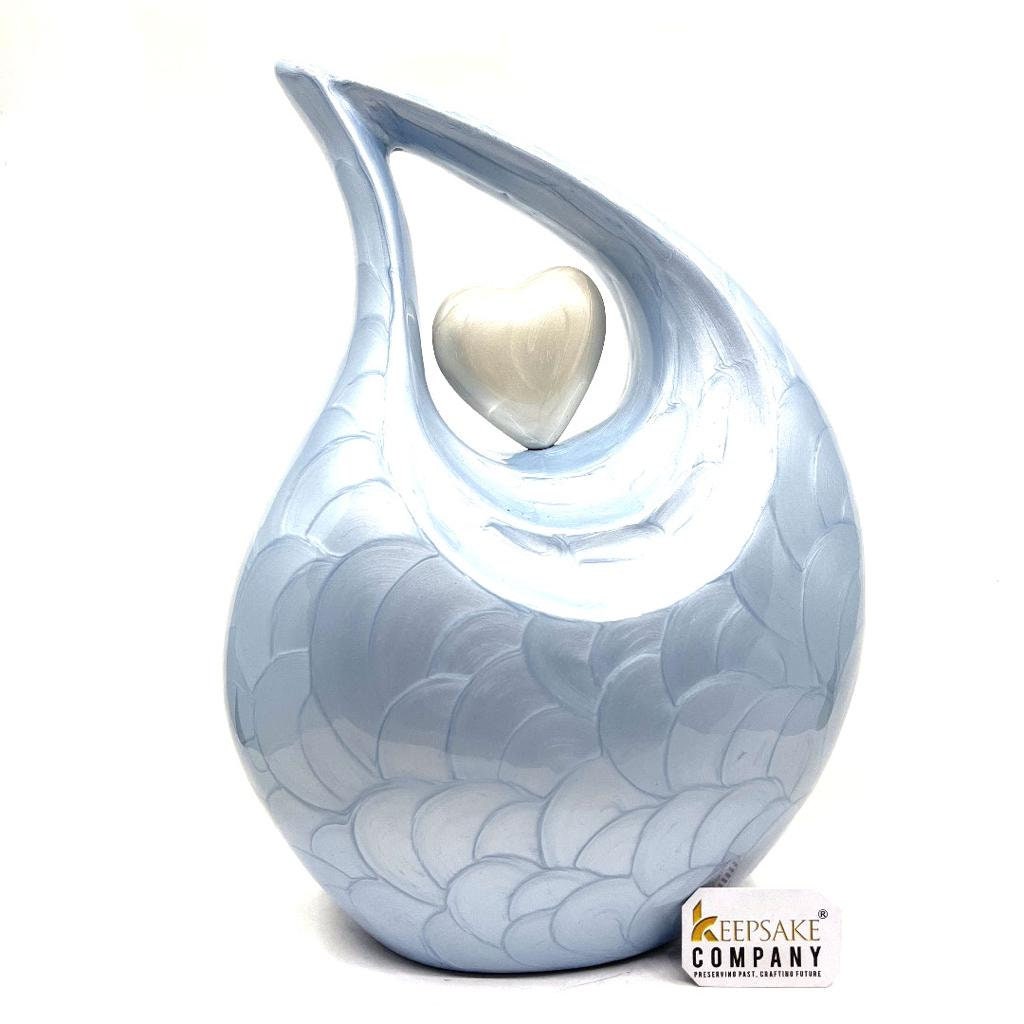 Light Blue Teardrop Enamel Adult Cremation Urn with White Heart For Human Ashes - Can be Engraved in Different Colours from Keepsake Company