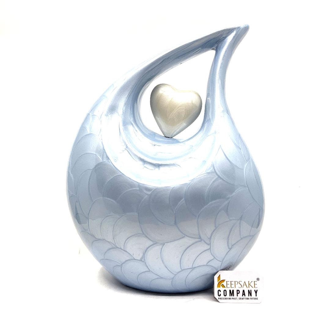 Light Blue Teardrop Enamel Adult Cremation Urn with White Heart For Human Ashes - Can be Engraved in Different Colours from Keepsake Company