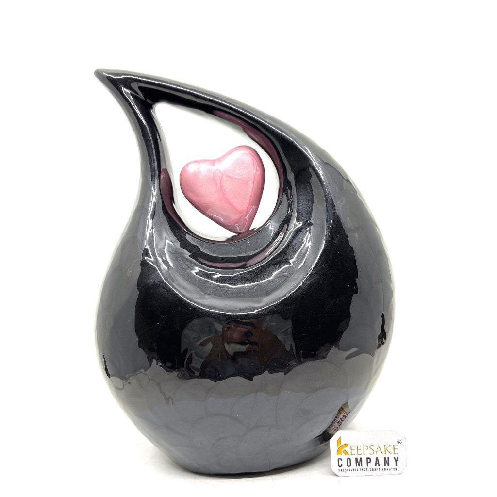 Keepsake Company's Jade  Black Pearl Enamel Teardrop Adult Cremation Urn with Pink Heart Insert For Human Ashes perfect for Adults.