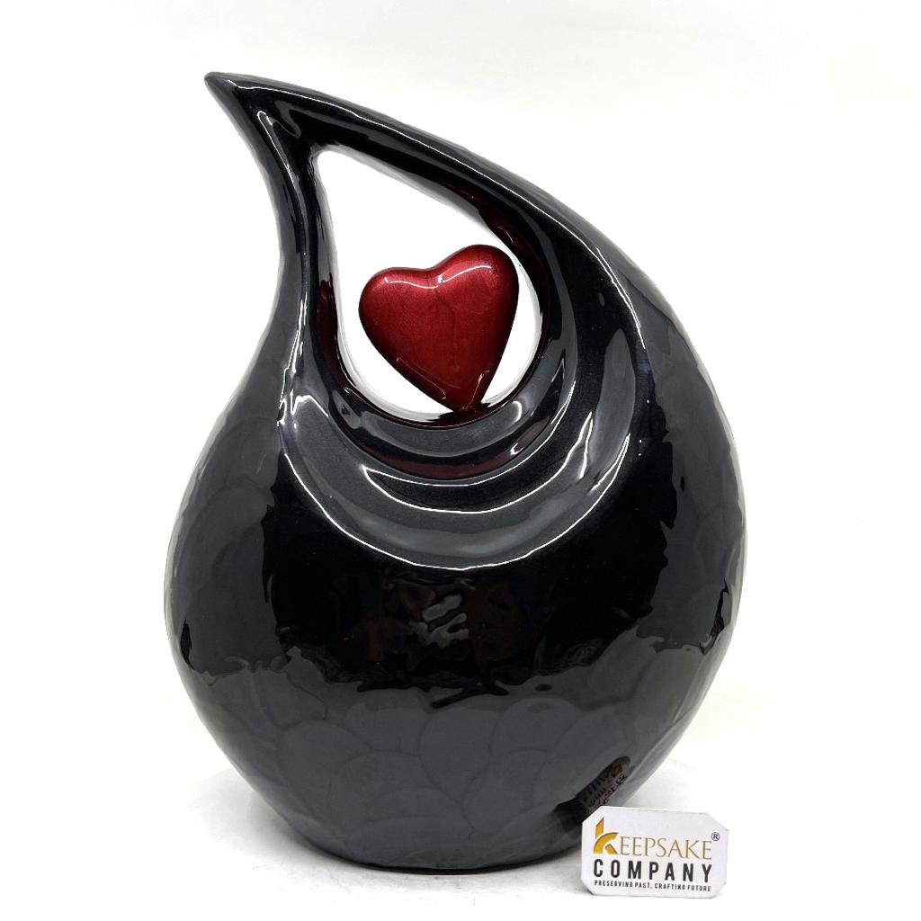 Black Pearl Enamel Teardrop Adult Cremation Urn with Red Heart  For Human Ashes / Cremation Urns for Ashes adult  by keepsake company