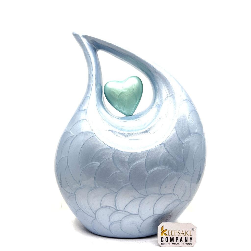 Keepsake Company's Light Blue Pearl teardrop Enamel Adult Cremation Urn with Green Heart For Human Ashes