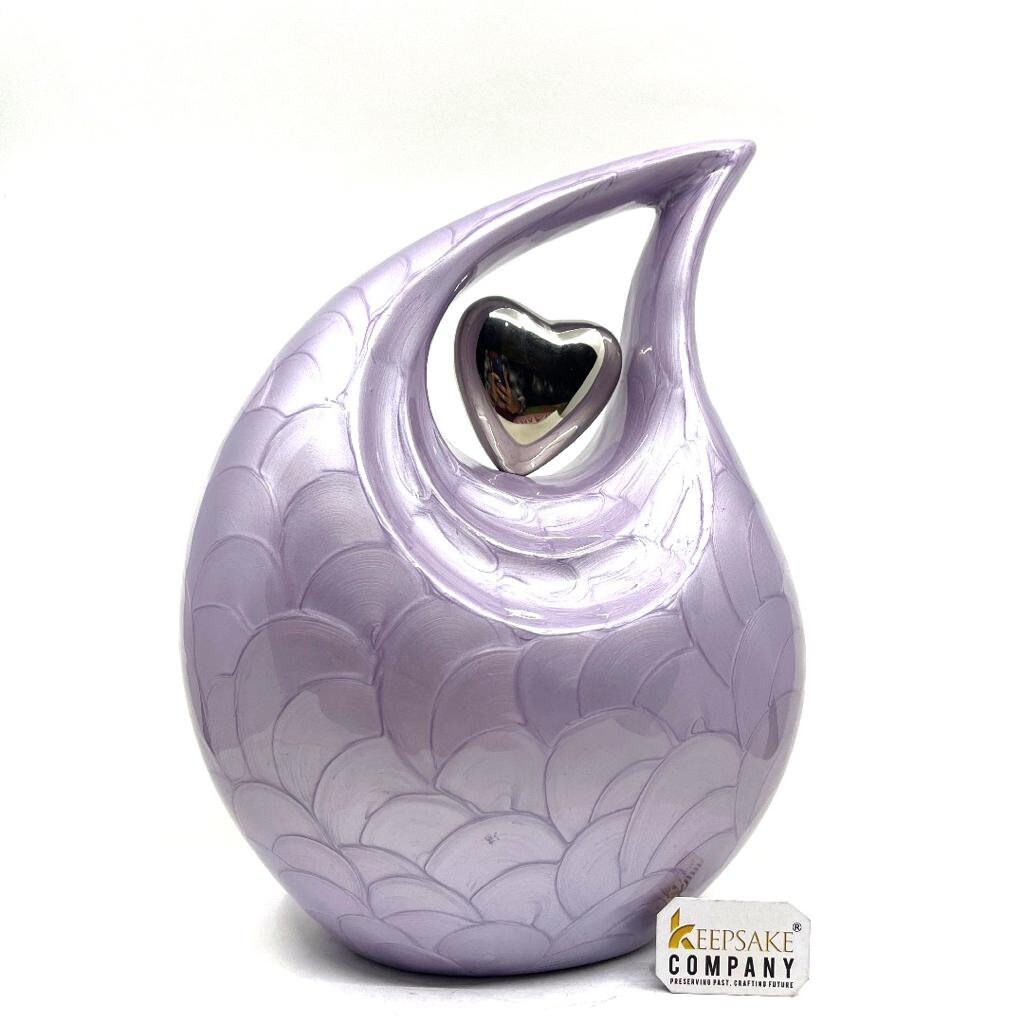 Keepsake Company's  Pearl Purple Enamel  Adult teardrop Cremation Urn with  sterling silver plated heart for human Ashes