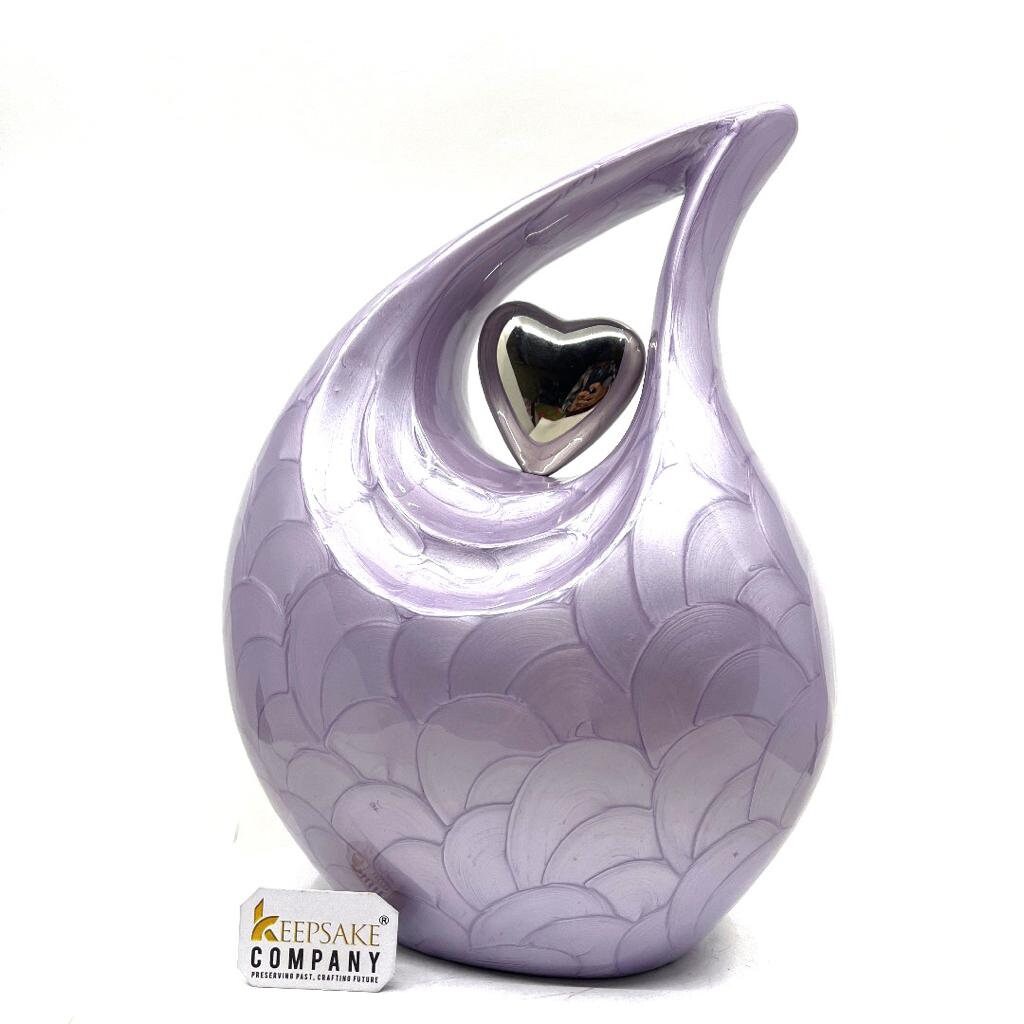 Keepsake Company's  Pearl Purple Enamel  Adult teardrop Cremation Urn with  sterling silver plated heart for human Ashes