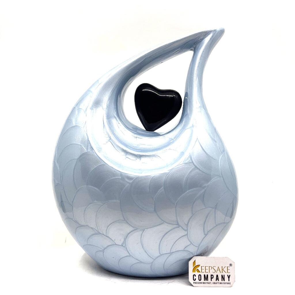 Keepsake Company's Pearl light Blue Enamel Adult teardrop Cremation Urn with Black heart For Human Ashes