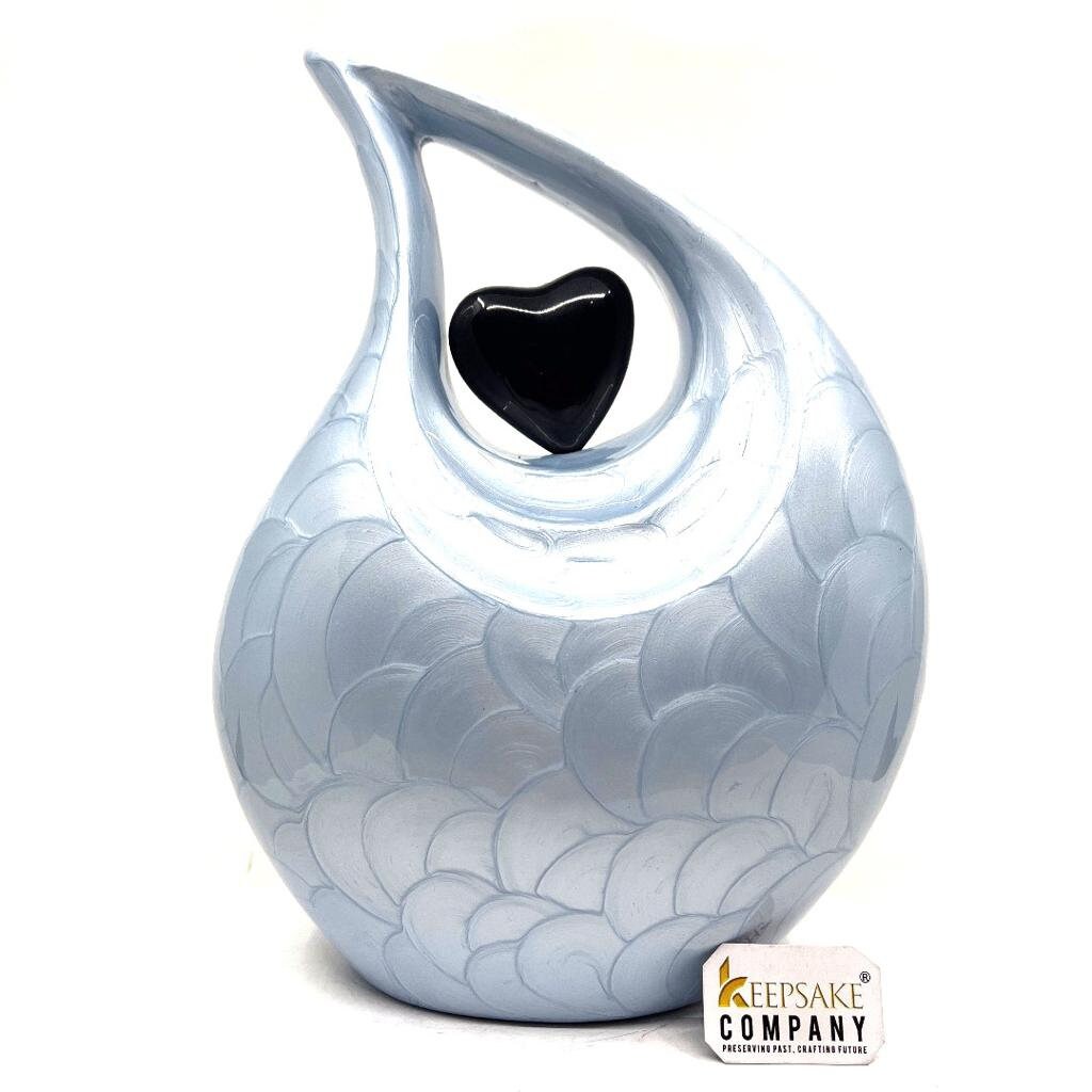 Keepsake Company's Pearl light Blue Enamel Adult teardrop Cremation Urn with Black heart For Human Ashes