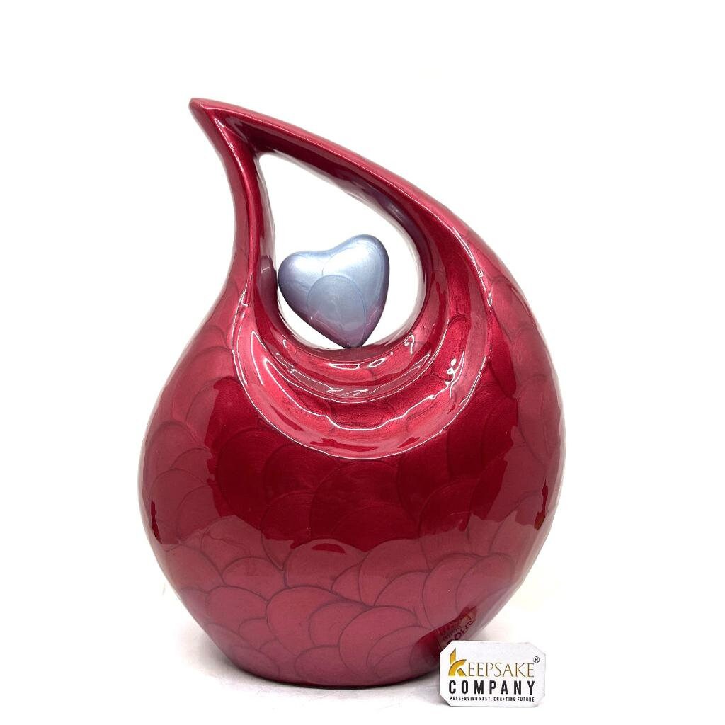 Keepsake Company's red Pearl Enamel teardrop Adult teardrop Cremation Urn with sky Blue heart For Human Ashes