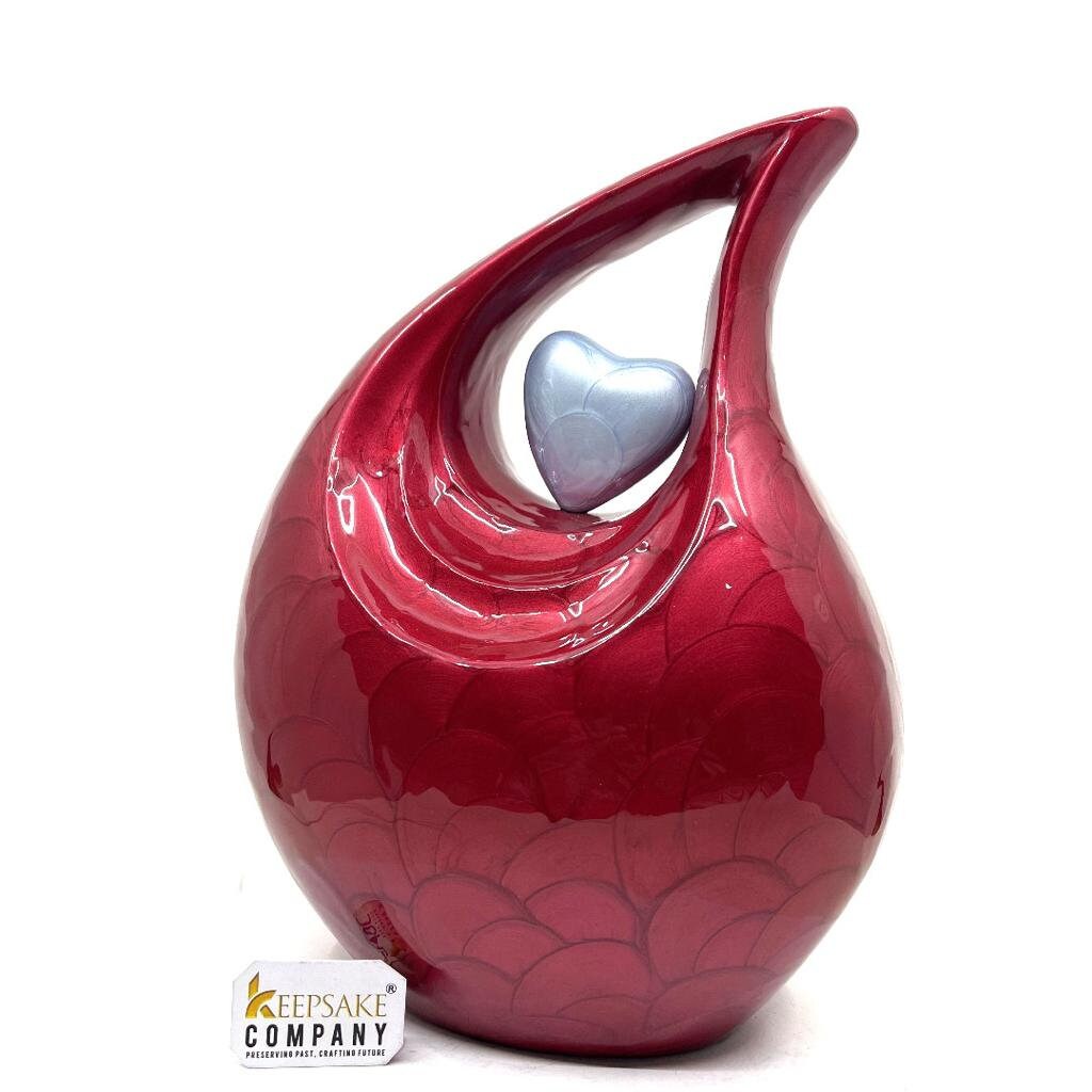 Keepsake Company's red Pearl Enamel teardrop Adult teardrop Cremation Urn with sky Blue heart For Human Ashes