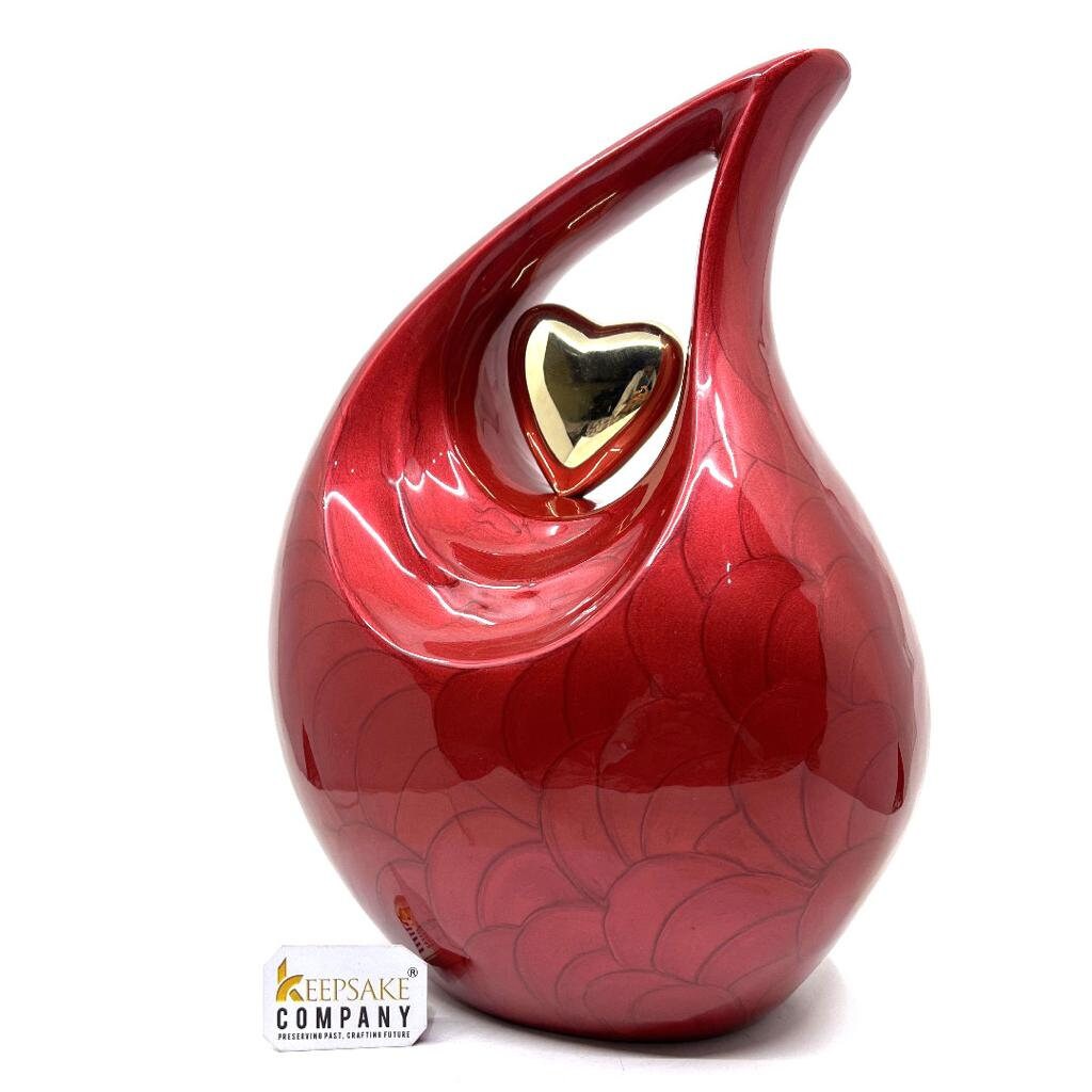 Red teardrop Cremation Urn with 24 carats Gold plated heart - Urns For Human Ashes - Urn For Ashes - Memorial Urn - Keepsake urns for Ashes