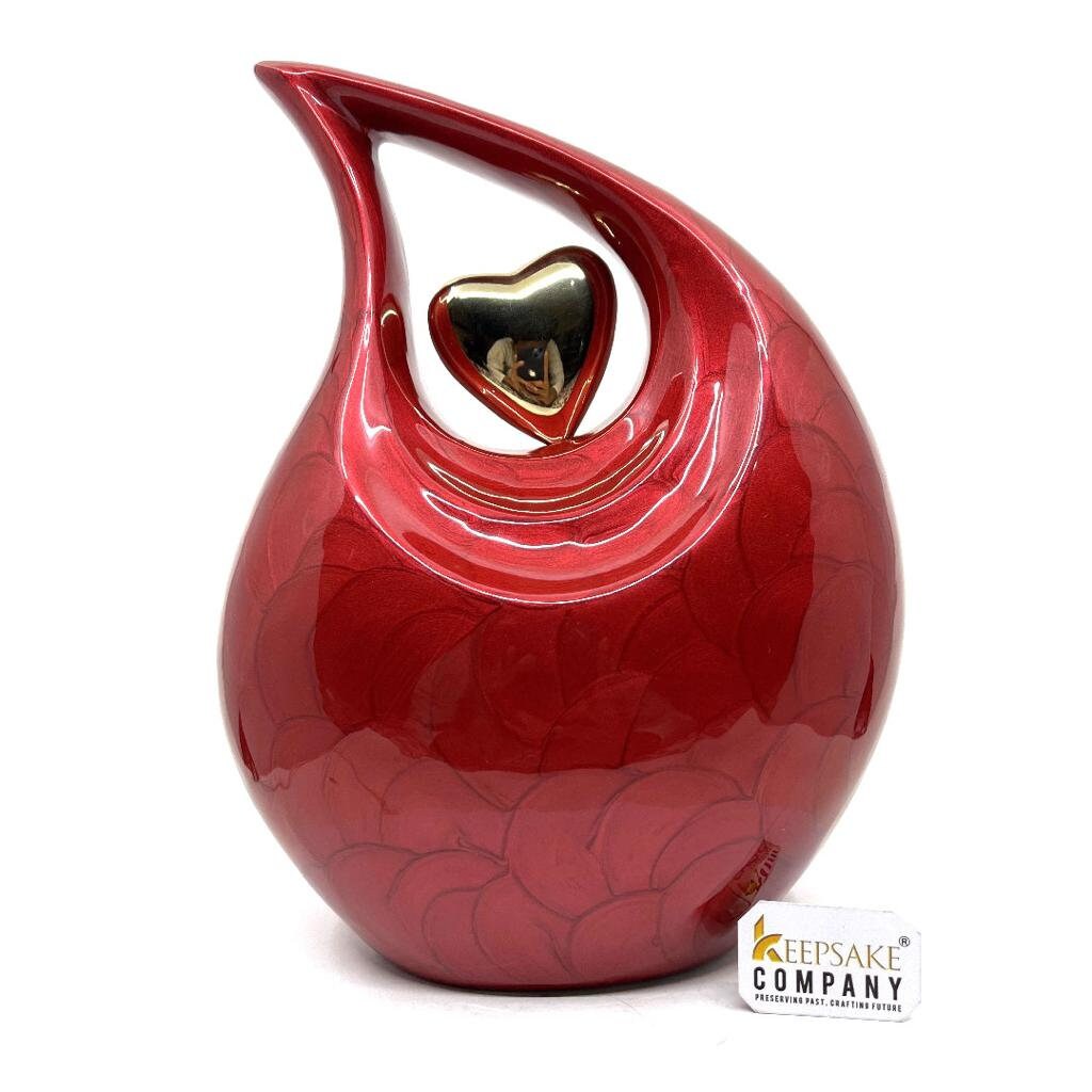 Red teardrop Cremation Urn with 24 carats Gold plated heart - Urns For Human Ashes - Urn For Ashes - Memorial Urn - Keepsake urns for Ashes