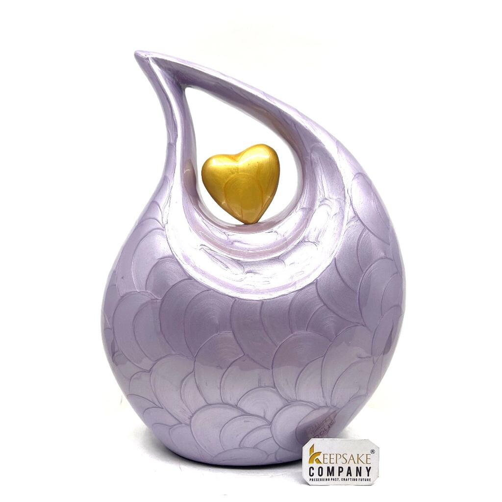 Keepsake Company's Purple Pearl teardrop Enamel Adult Cremation Urn with Golden/ Pale Enamel Heart For Human Ashes