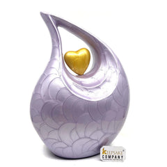 Keepsake Company's Purple Pearl teardrop Enamel Adult Cremation Urn with Golden/ Pale Enamel Heart For Human Ashes