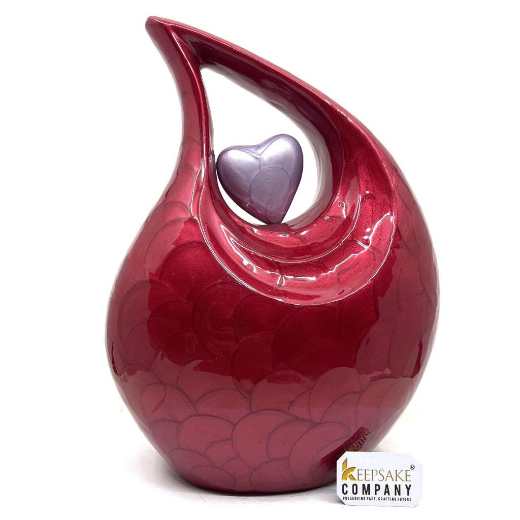 Red Pearl Enamel Adult teardrop Cremation Urn with Lavender heart, Urns for Ashes, Urns for Humans, Ashes Keepsakes, Decorative Urns