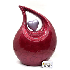 Red Pearl Enamel Adult teardrop Cremation Urn with Lavender heart, Urns for Ashes, Urns for Humans, Ashes Keepsakes, Decorative Urns