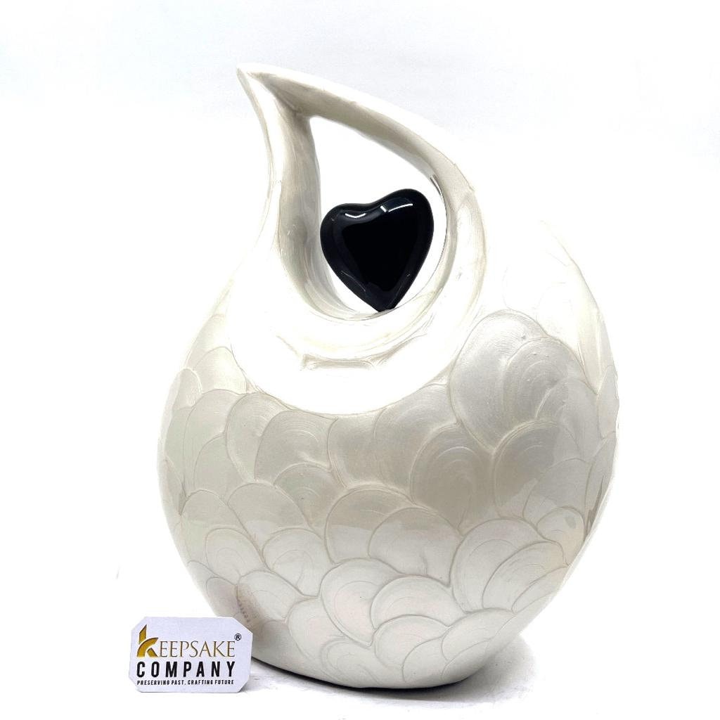 White teardrop  Cremation Urn with Black Heart for Ashes - Urn for Human Ashes - Memorial Urtn - Ash Urn- Funeral Urn - Keepsake Urn