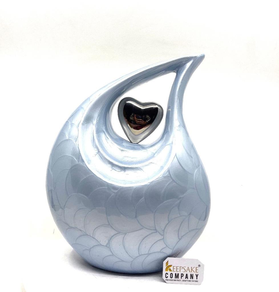 Keepsake Company's  Pearl LIght Blue Enamel  Adult teardrop Cremation Urn with Silver brass heart For Human Ashes