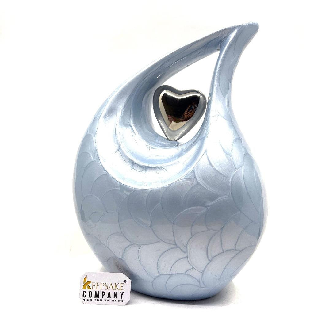 Keepsake Company's  Pearl LIght Blue Enamel  Adult teardrop Cremation Urn with Silver brass heart For Human Ashes