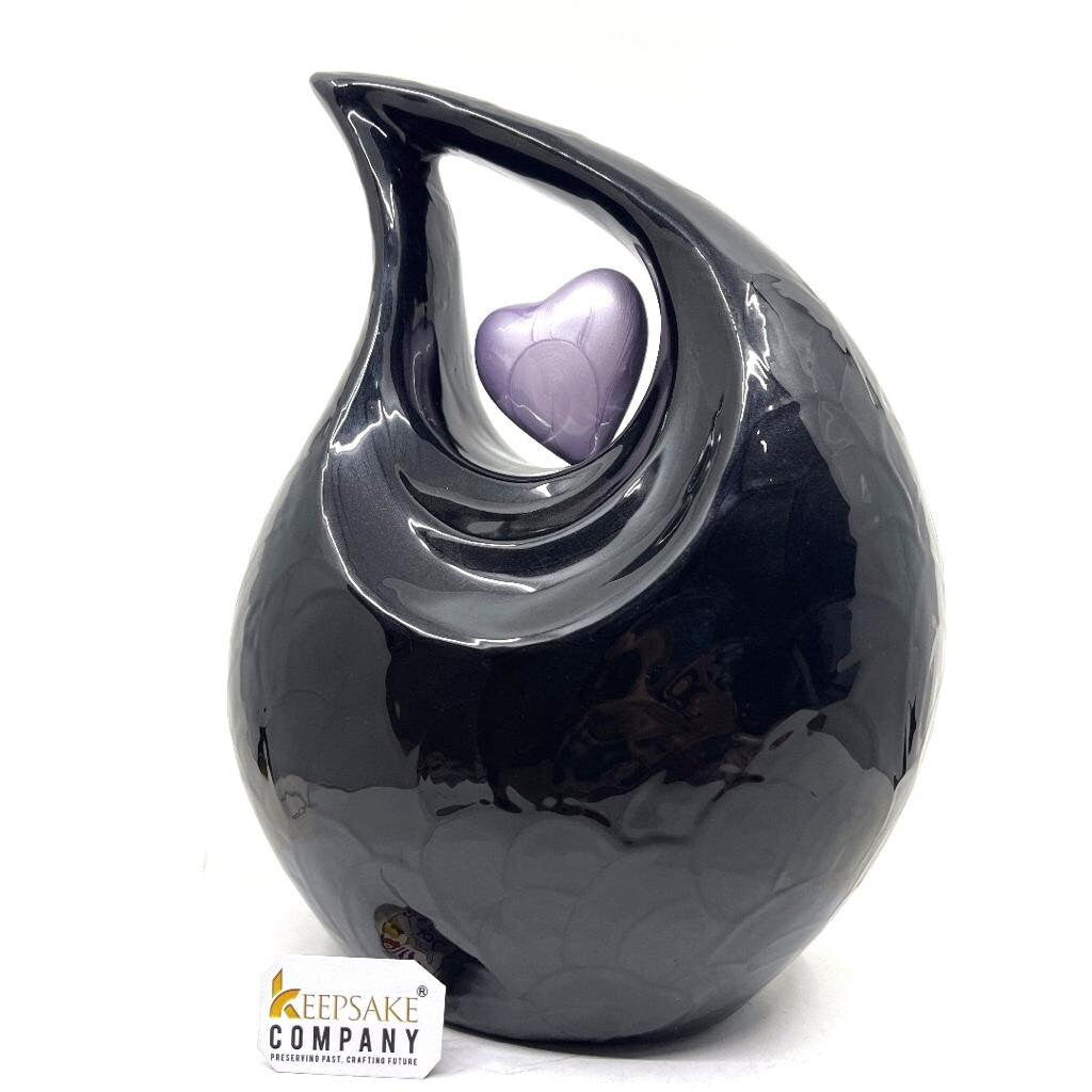 Keepsake Company's Jade Black Pearl Enamel Teardrop Adult Cremation Urn with Lavender Heart  For Human Ashes perfect for Adults.