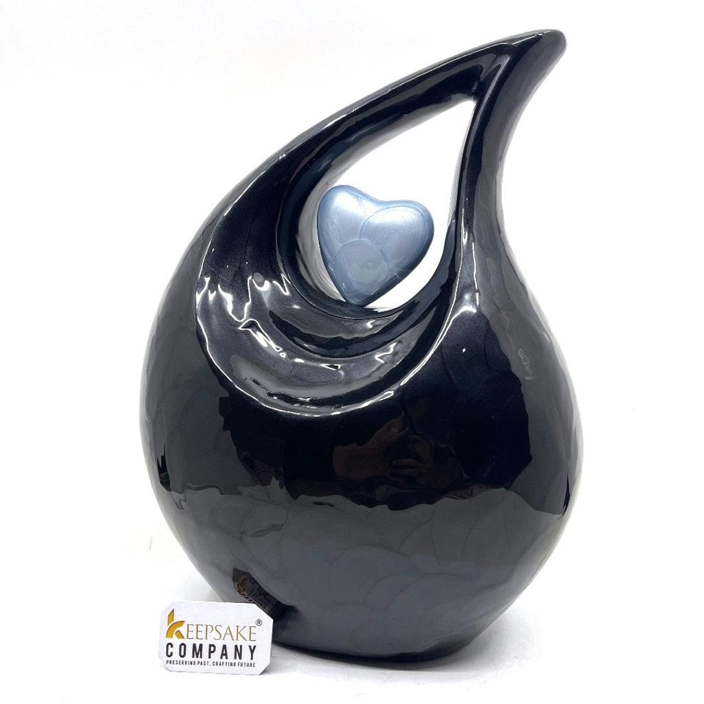 Keepsake Company's Jade Black Pearl Enamel Teardrop Adult Cremation Urn with Sky Blue Heart  For Human Ashes perfect for Adults.