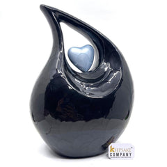 Keepsake Company's Jade Black Pearl Enamel Teardrop Adult Cremation Urn with Sky Blue Heart  For Human Ashes perfect for Adults.