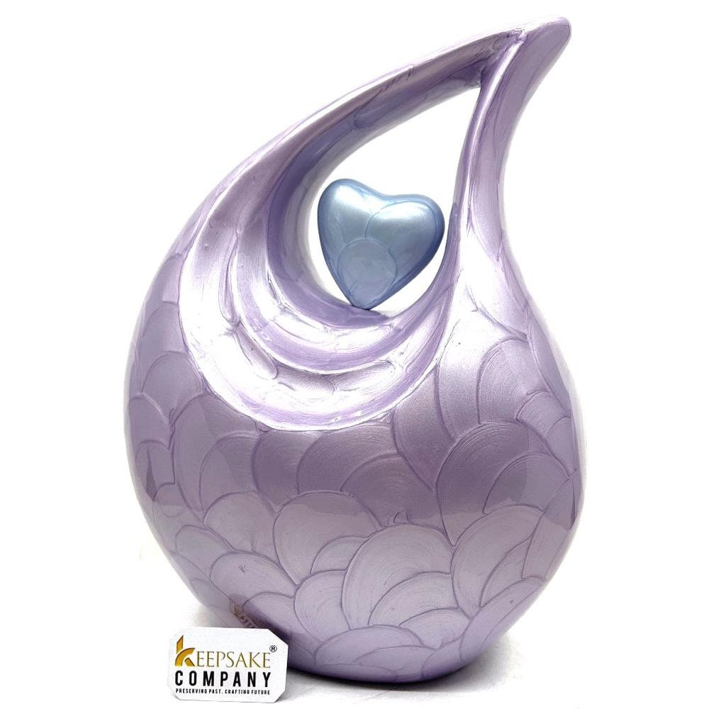 Keepsake Company's Purple Pearl teardrop Enamel Adult Cremation Urn with sky Blue  Enamel Heart For Human Ashes