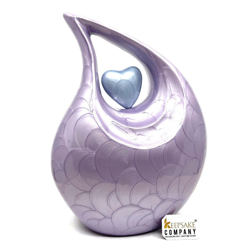 Keepsake Company's Purple Pearl teardrop Enamel Adult Cremation Urn with sky Blue  Enamel Heart For Human Ashes