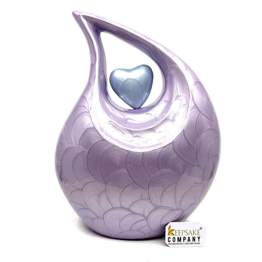 Keepsake Company's Purple Pearl teardrop Enamel Adult Cremation Urn with sky Blue  Enamel Heart For Human Ashes