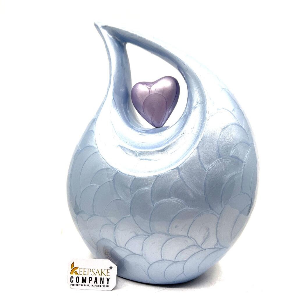 Keepsake Company's Light Blue Pearl teardrop Enamel Adult Cremation Urn with  Shining Lavender Heart For Human Ashes