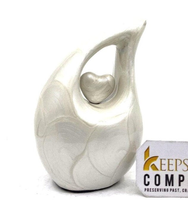 Pearl White teardrop Mini Cremation Urn with White Heart (Small Urns for Human Ashes / Mini Urns for Human Ashes) from Keepsake Company