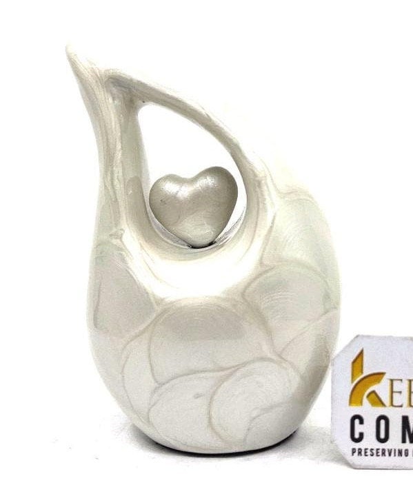 Pearl White teardrop Mini Cremation Urn with White Heart (Small Urns for Human Ashes / Mini Urns for Human Ashes) from Keepsake Company