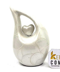 Pearl White teardrop Mini Cremation Urn with White Heart (Small Urns for Human Ashes / Mini Urns for Human Ashes) from Keepsake Company