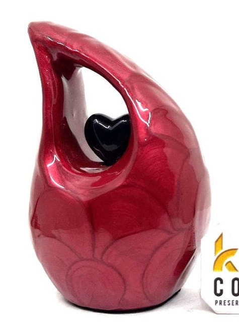 Keepsake Company's Pearl Red teardrop mini Cremation Urn with Black Heart for Human Ashes - Perfect for Adult and Infants