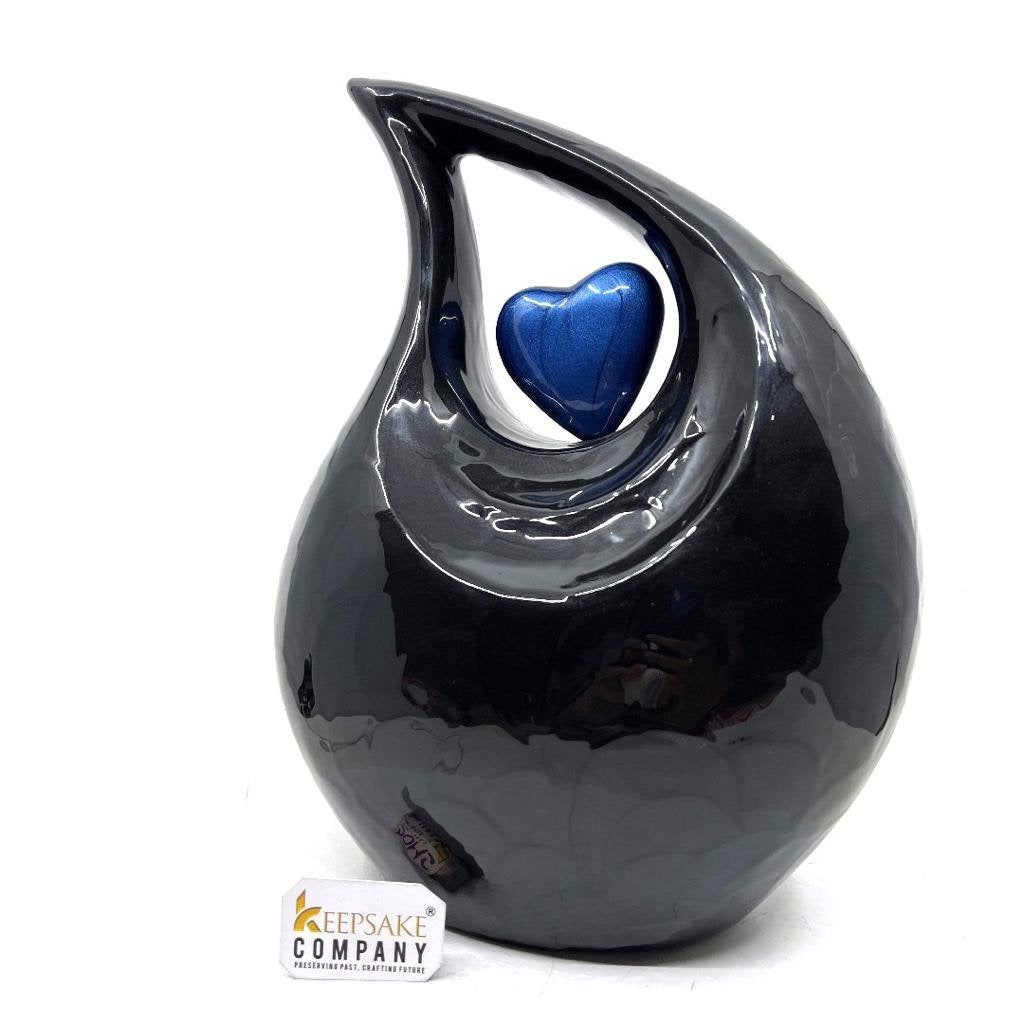 Black Teardrop Adult Cremation Urn with Blue Heart  - Ash  Urn - Memorial Urns - Funeral Urn - Personalized Urn - Keepsake Urn - Urn for Ash