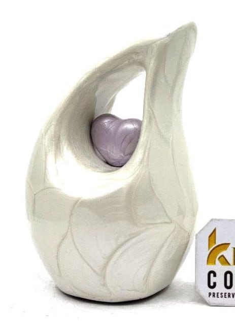 Pearl white teardrop mini Cremation Urn with Purple Heart - Small Urn For Ashes - Miniature Keepsake Urn - Funeral Urn - Memorial Urn