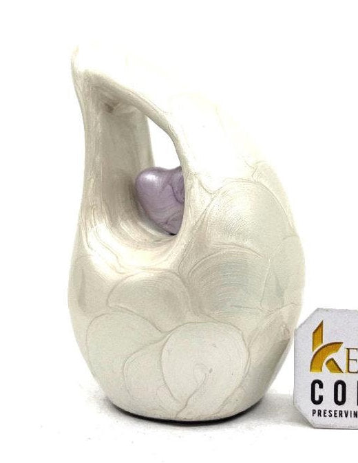 Pearl white teardrop mini Cremation Urn with Purple Heart - Small Urn For Ashes - Miniature Keepsake Urn - Funeral Urn - Memorial Urn