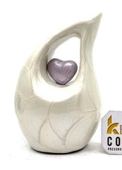 Pearl white teardrop mini Cremation Urn with Purple Heart - Small Urn For Ashes - Miniature Keepsake Urn - Funeral Urn - Memorial Urn