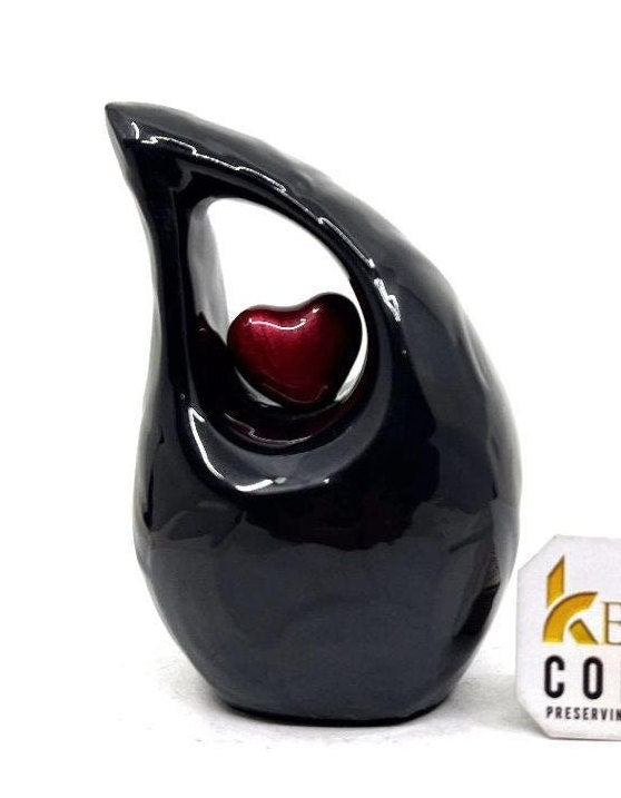 Keepsake Company's Black  teardrop mini Cremation Urn with Red Heart for Human Ashes - Perfect for Adult and Infants