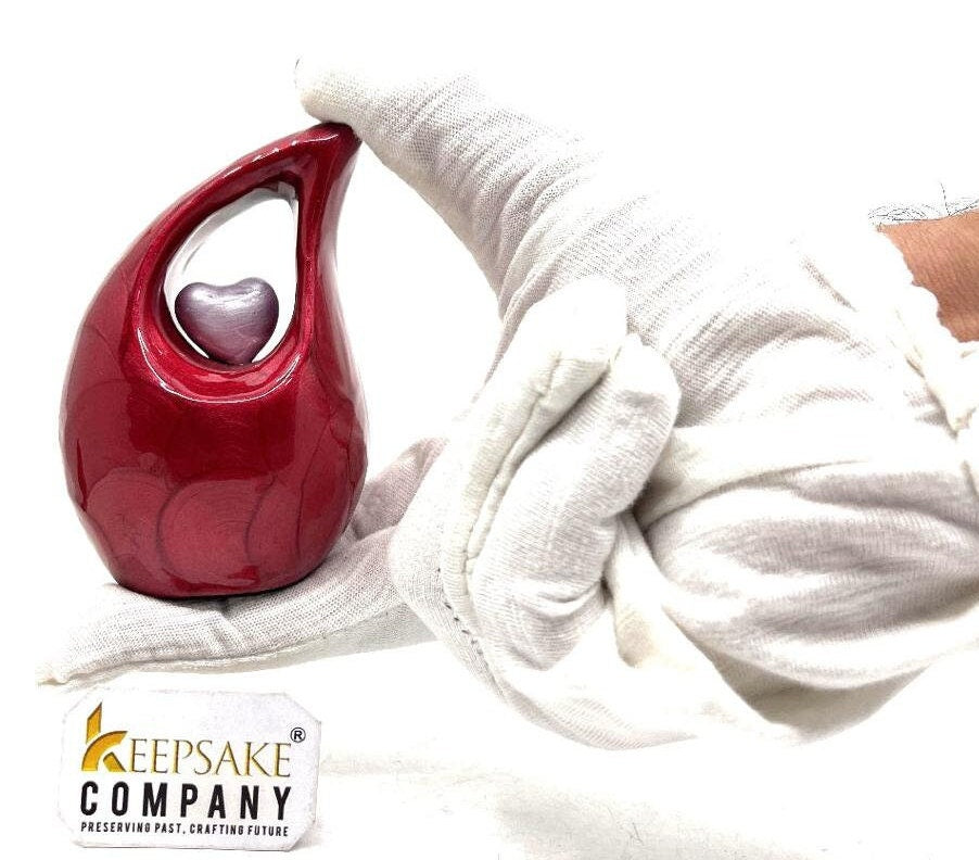 Pearl Red teardrop mini Cremation Urn with Purple Heart for Human Ashes - Perfect for Adult and Infants from Keepsake Company