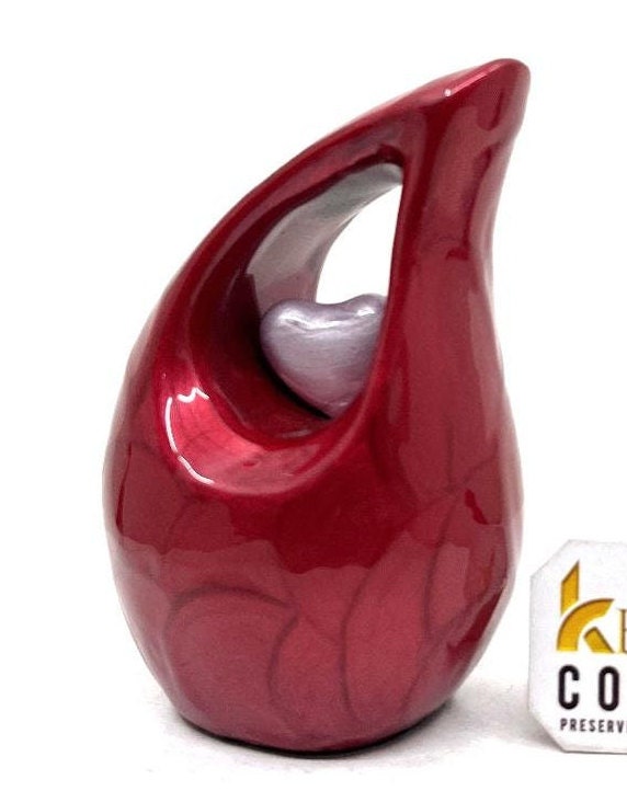 Pearl Red teardrop mini Cremation Urn with Purple Heart for Human Ashes - Perfect for Adult and Infants from Keepsake Company