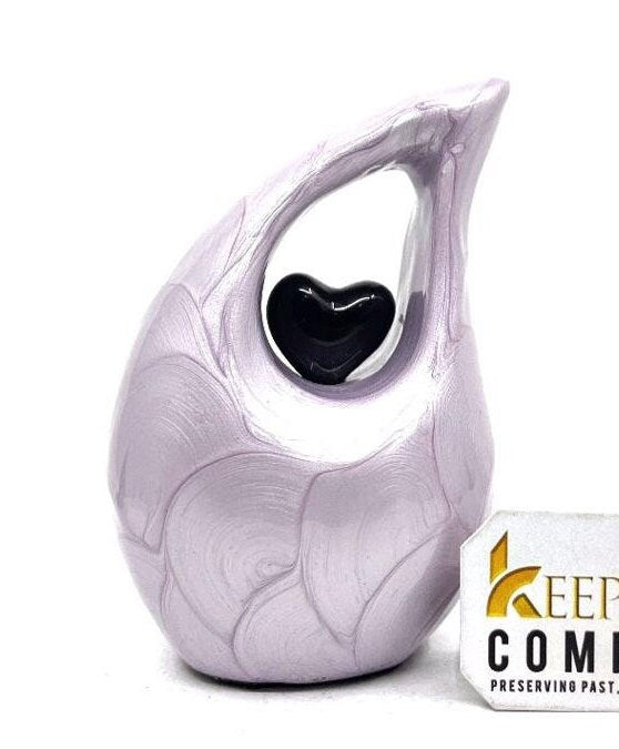 Keepsake Company's Pearl Purple teardrop mini Cremation Urn with Black Heart for Human Ashes - Perfect for Adult and Infants