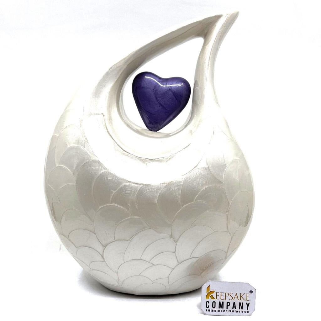 Keepsake Company's White teardrop Pearl Enamel Adult Cremation Urn with Purple Heart For Human Ashes