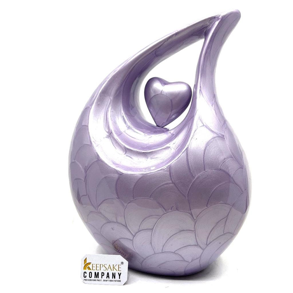 Light Purple Pearl teardrop Enamel Adult Cremation Urn with Purple Heart For Human Ashes from Keepsake Company