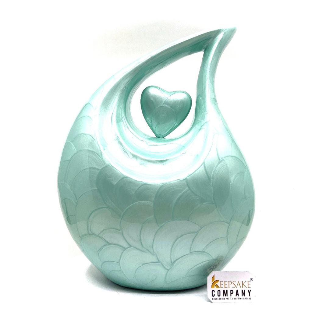 Keepsake Company's Light Green Pearl teardrop Enamel Adult Cremation Urn with light green heart For Human Ashes