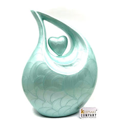 Keepsake Company's Light Green Pearl teardrop Enamel Adult Cremation Urn with light green heart For Human Ashes