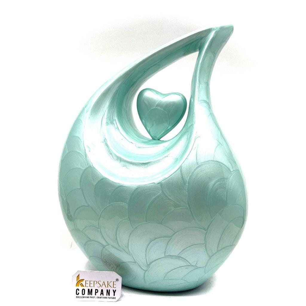 Keepsake Company's Light Green Pearl teardrop Enamel Adult Cremation Urn with light green heart For Human Ashes