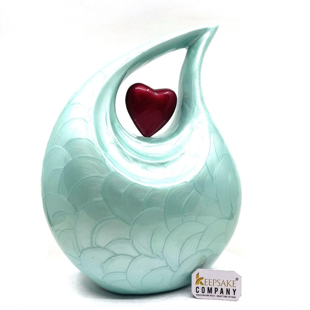 Keepsake Company's Light Green Pearl teardrop Enamel Adult Cremation Urn with Red heart For Human Ashes