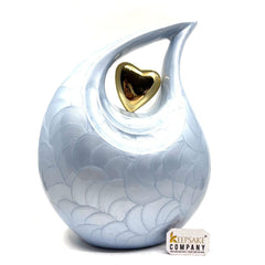 Keepsake Company's  Pearl LIght Blue Enamel  Adult teardrop Cremation Urn with 24 carat Gold plated brass heart For Human Ashes